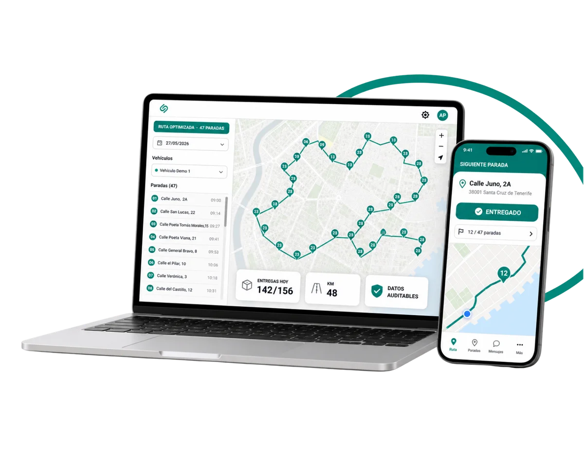 Panel Bestmile en portátil para el jefe de tráfico y app de ruta en el móvil del conductor